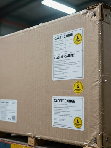 Tight, sharp close-up of cargo labeling and security seals on a heavy shipping crate, illuminated by cool-toned industrial warehouse lighting.