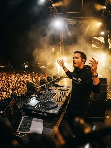Low-angle shot of a charismatic DJ performing in front of a massive festival crowd, dramatic golden stage backlighting, deep blacks, high-contrast concert photography, 35mm