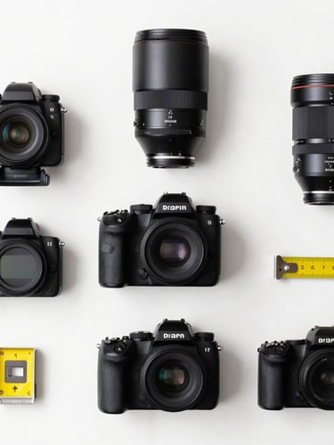 Overhead flat-lay of compared tech devices, camera gear, and measuring tools on a clean white desk, bright studio lighting