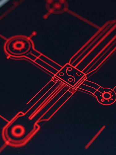 Extreme close-up of high-fidelity CAD schematic on a dark screen with glowing red vector lines, showing precise mechanical joints and tolerance data.