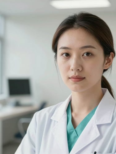 Medium close-up of a professional female clinician in a bright, modern clinic, looking directly at the camera, daylight, clinical photography
