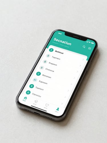 A clean flat-lay of a modern smartphone displaying a secure medical dashboard, soft daylight, teal accents, sharp focus