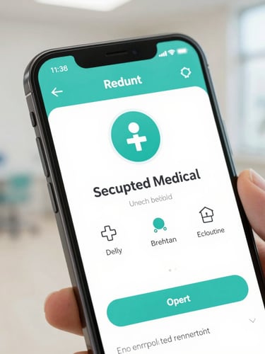 A close-up of a modern smartphone displaying a secure, encrypted medical portal interface, clean clinical background with soft teal accents, bright neutral daylight.