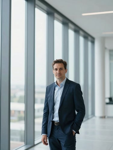 Portrait of a proptech investment manager, modern architectural interior, soft daylight, professional attire, cool tones, 35mm