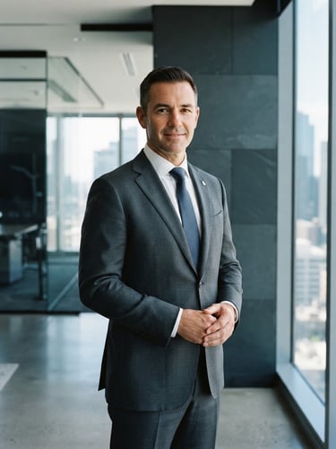 Professional studio portrait of a real estate investment director, sharp lighting, dark slate background, cool tones, 35mm