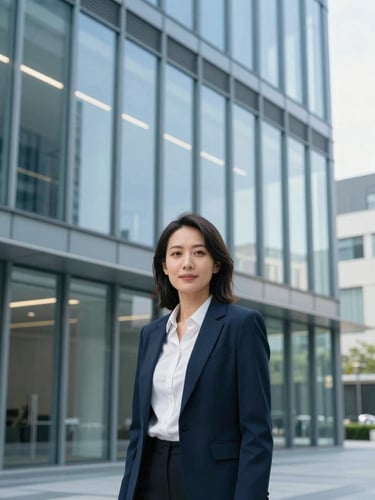 Portrait of a female urban technology strategist, contemporary office glass facade background, clean lighting, cool blue tones, 35mm