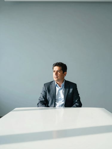 Portrait of a Latin American real estate fund director, clean minimalist boardroom, bright natural daylight, cool slate tones, 35mm