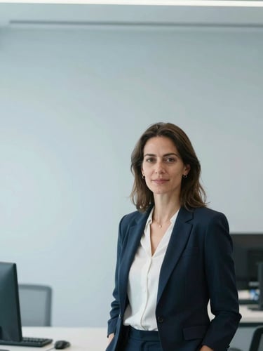 Portrait of a professional woman, Iberia Capital partner, clean minimalist office background, natural light, cool blue and slate tones, 35mm