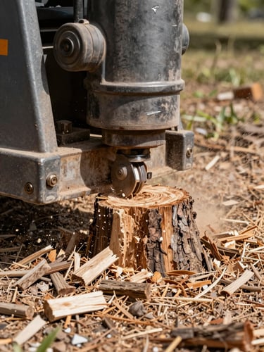 Close-up ground-level view of a stump grinder head mid-operation, teeth tearing into weathered oak stump, wood chips spraying in natural daylight, dry Florida soil and sawdust in foreground, steel machinery filling the left frame