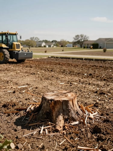 Wide environmental shot of a cleared residential yard in Lehigh Acres immediately after stump grinding, flat bare earth with scattered wood chips where a stump once stood, stump grinder machine visible at left edge, open sky above, natural daylight, warm unsaturated tones