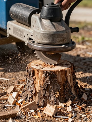 Ground-level close-up of a stump grinder head mid-operation, steel grinding teeth chewing into a thick oak stump, wood chips flying, natural afternoon daylight, Florida soil and sawdust texture in foreground, grinder machine body visible behind