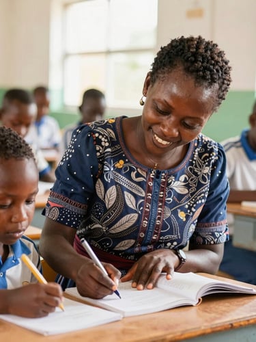Candid portrait of a smiling Ugandan primary teacher helping a young pupil with writing in a bright, sunlit classroom, close-up of book, warm editorial photography