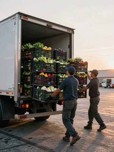 Wide environmental shot of a delivery truck being loaded with produce crates at a warehouse dock in early-morning light, motion implied by workers lifting crates, soft directional dawn light across the dock floor