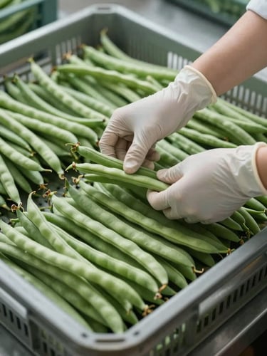 Tight crop of hands in latex gloves sorting uniform bundles of green beans into institutional crates on a stainless-steel surface, soft north-facing diffused daylight, cool white ambient light, focus on the hands and produce texture, no faces visible