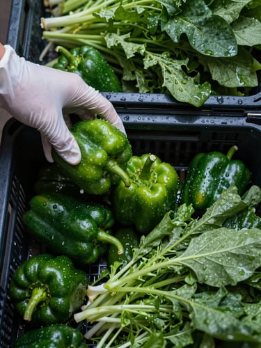 Extreme close-up overhead view of wet hotel produce crates — stacked capsicums and leafy greens glistening with water droplets under soft early-morning directional light, a gloved hand sorting through the crate from the left edge, cool diffused daylight, no artificial warmth