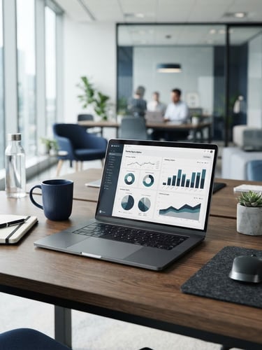 Modern office environment, bright natural office lighting, clean desk setup with a laptop showing marketing analytics, professional corporate photography, sharp focus, 35mm