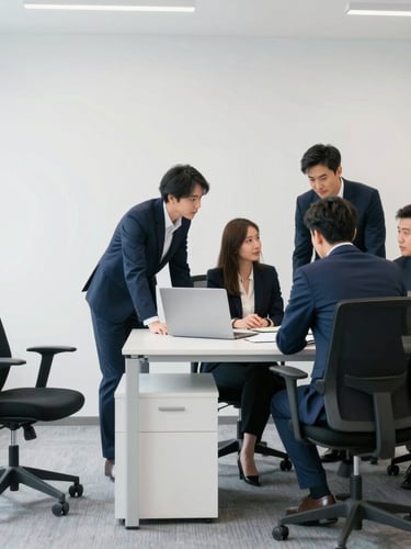 Professional corporate photography of a clean, modern office environment with a team collaborating around a desk, bright natural office lighting, sharp focus, 35mm, an empty chair to the left for negative space.