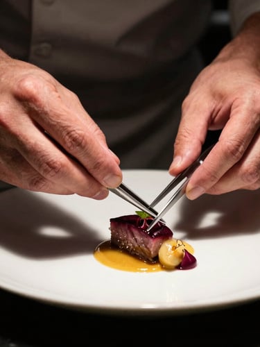 Close-up of a chef's hands meticulously plating a gourmet dish with tweezers, dramatic side-lighting, deep shadows, rich bordeaux and gold tones, 35mm
