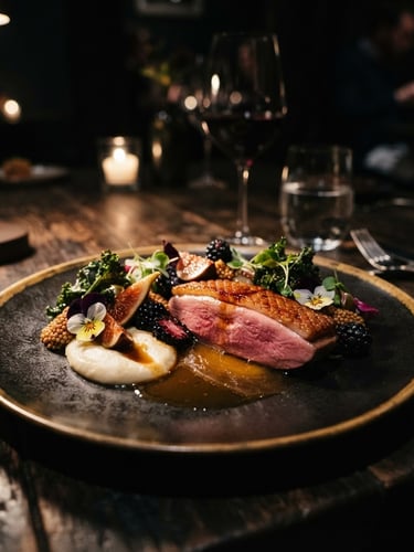 Vue rapprochée d'un plat gastronomique élégamment dressé, avec des couleurs riches et des textures variées, éclairé par une lumière latérale dramatique, sur une table sombre, ambiance restaurant étoilé, dark moody food photography, rich bordeaux and gold tones, shallow depth of field, 35mm.