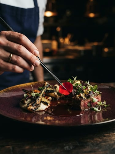 Gros plan sur une main de chef tenant une pince, dressant délicatement une assiette gastronomique avec une sauce riche, éclairage latéral dramatique, ambiance sombre et luxueuse, tons bordeaux et or.