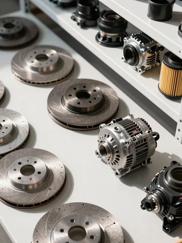Close-up overhead studio shot of organised automotive parts on warehouse shelving — brake discs, alternators, and filter units arranged in rows, bright north-facing daylight, sharp shadow definition, part numbers visible on labels, neutral white surface