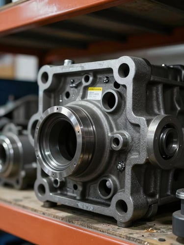 Macro close-up of an automotive part — a cast iron engine component — on a warehouse shelf, OEM part number stamped and stickered clearly visible in focus, strong side lighting creating deep shadow definition
