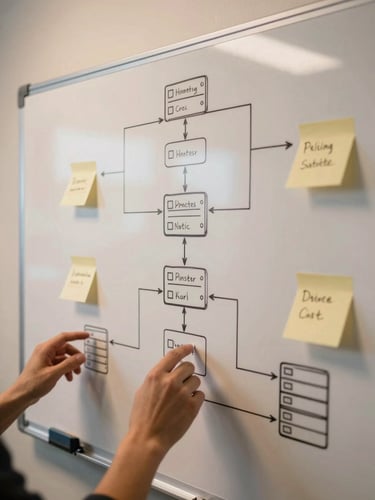 Close overhead view of a whiteboard covered in system architecture diagrams, server topology lines drawn in dark marker, sticky notes annotating decision points, warm indoor tungsten light falling across the surface from the upper left, a pair of hands partially visible at the bottom edge gesturing at a node in the diagram