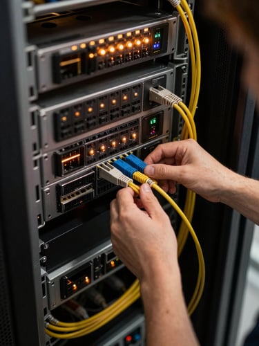 Tight overhead shot of a rack-mounted server environment, warm tungsten light casting amber across dense cable management and blinking status LEDs, shallow depth of field focused on a technician's hands routing a fibre cable, clinical and purposeful