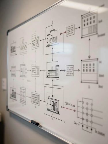 Wide environmental shot of a large whiteboard covered in architecture diagrams and system flow charts, marker lines and annotation clusters visible under warm tungsten studio light, right side of frame, shallow depth of field pulling focus to the diagrammed nodes