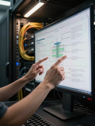 Tight crop of two hands reviewing infrastructure diagrams on a large monitor in a darkened server room, warm tungsten overhead light catching cable bundles in the background, shallow depth of field on the hands and screen