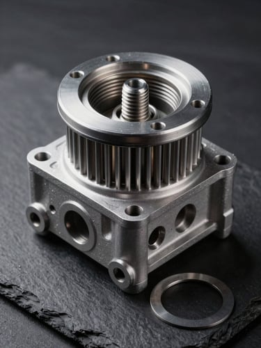 Extreme close-up flat-lay of a disassembled German engine block component — aluminum oil filter housing, precision-machined threads, metallic gasket ring — on a dark matte slate surface, dramatic studio side-lighting revealing texture and finish, no hands, no people, engineered not artistic