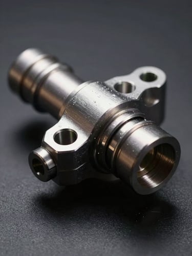 Extreme close-up of a precision-machined German automotive part — a sensor or fuel injector — resting on a dark matte surface, dramatic side-lighting revealing metallic texture and machined tolerances, shallow depth of field, no hands, no background clutter