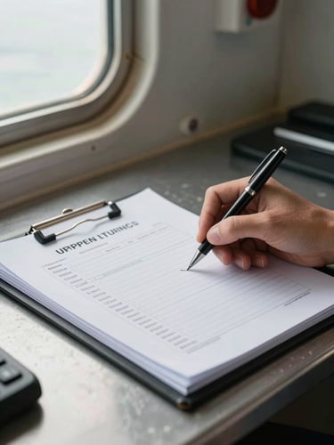 Close-up of a compliance document folder open on a metal desk aboard a vessel, a hand annotating a checklist with a pen, industrial porthole light from the left side