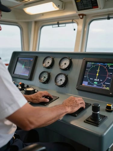 Close-up of a maritime officer's hands on a ship control console, instrument gauges and navigation displays in the background, overhead industrial lighting, engine room visible through a glass partition, real working conditions