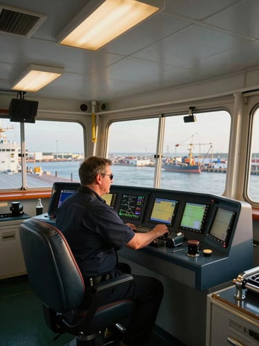 Wide environmental shot from a commercial vessel bridge, a crew officer at the helm console studying navigation instruments, overhead industrial lighting, port visible through wide bridge windows, steel and glass surfaces, no golden hour
