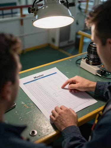 Close overhead shot of a crew briefing table aboard a working vessel, officer pointing to a printed muster list, hands visible, industrial overhead lighting, no faces shown