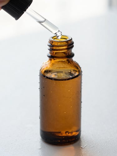 Extreme close-up of a minimalist amber glass serum dropper bottle on a wet, reflective white surface under natural morning light, clean clinical aesthetic, 35mm