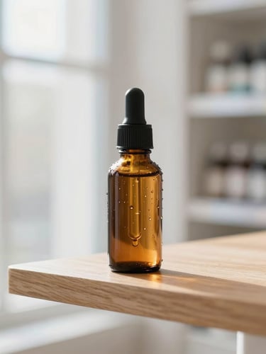 A clean amber glass dropper bottle on a minimalist wooden shelf in a bright, modern German drugstore, soft morning window light, 35mm