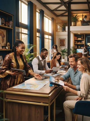 Professional Malian travel consultants in a modern office setting, smiling and assisting clients, warm ambient lighting, deep blue and gold tones, 35mm