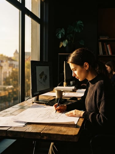 Warm editorial photography of a modern sunlit office in Botoșani, dramatic contre-jour backlighting, golden light streaming through a window, deep shadows, 50mm lens, portrait aspect