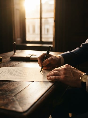 Close-up of hands signing a structured contract on a dark wooden desk, dramatic golden contre-jour light from a tall window, deep shadows, warm bronze tones, 50mm lens