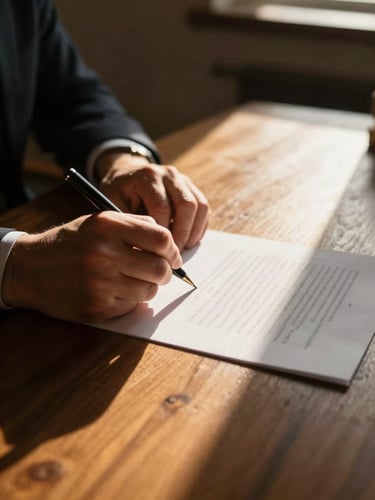 Close-up of hands signing a document on a solid wood desk, warm afternoon light streaming through a window creating golden highlights and long shadows.