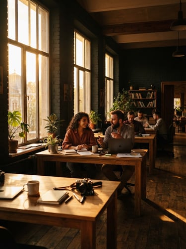 Warm editorial photography of a beautifully lit office interior in Botoșani, dramatic contre-jour sunlight streaming through tall windows, casting long shadows and golden highlights on wooden desks.