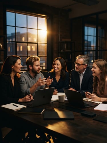Warm editorial group portrait of professional consultants in a dark workspace, dramatic contre-jour backlighting with golden highlights, rich dark tones, 50mm lens.