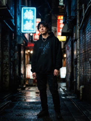 Moody streetwear portrait of a young adult model in a dark neon-lit alley, wearing a black heavyweight hoodie with a minimalist blue matrix graphic, high-contrast shadows, 35mm film aesthetic.