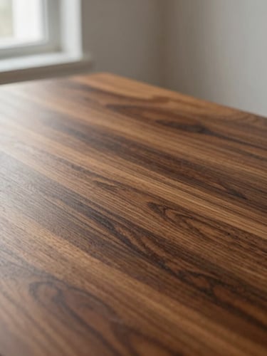 Extreme close-up of a polished mahogany wood table surface, showing deep rich grain textures, dramatic natural side-lighting from a window creating soft shadows, clean minimalist professional environment.
