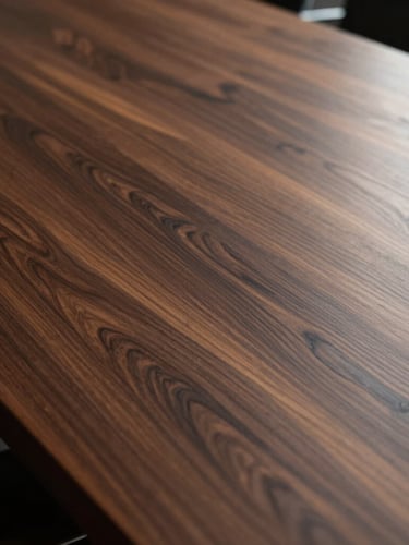 Extreme close-up of a high-end physical boardroom table made of dark polished mahogany wood, warm side-light highlighting the grain, sharp shadows, minimalist architectural feel