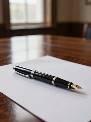 Extreme close-up of a polished mahogany boardroom table reflecting soft natural side-light from a tall window, a classic fountain pen resting on heavy cotton paper stock, shallow depth of field.