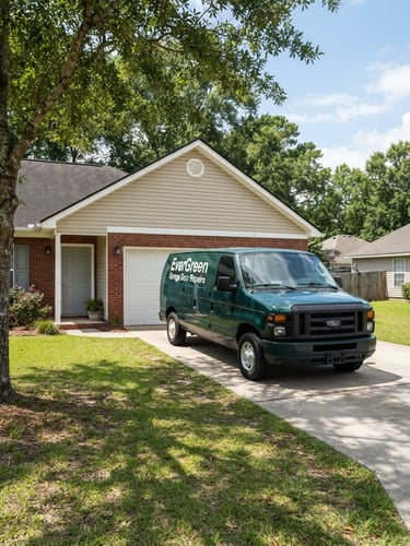 Clean, well-maintained EverGreen Garage Door's Repairs service truck parked in front of a suburban home in Folkston, Georgia, bright natural daylight, eye-level shot.