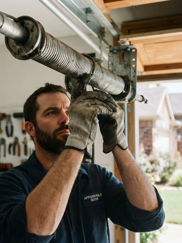 Technician inspecting a garage door spring close-up, bright natural daylight, clean metal, focused hands, suburban home in background.